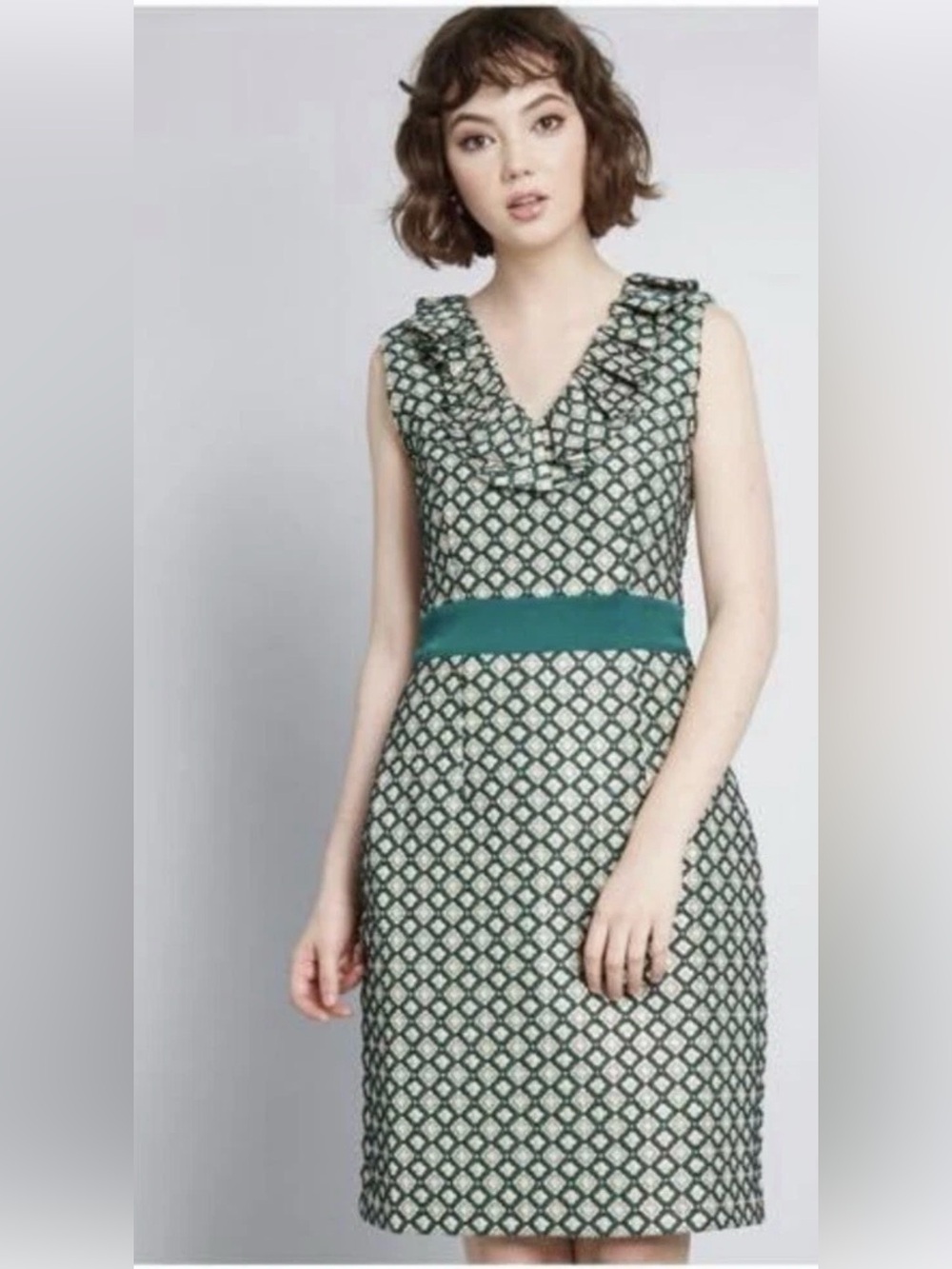 Anna Sui x ModCloth Admiring Eyes Green Gold Jacquard Sheath Dress Cocktail Sz 6